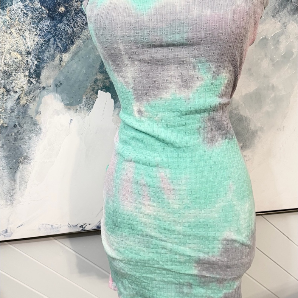 Fashion Nova Mint Tie-Dye Mini Dress with Light Gray Accents